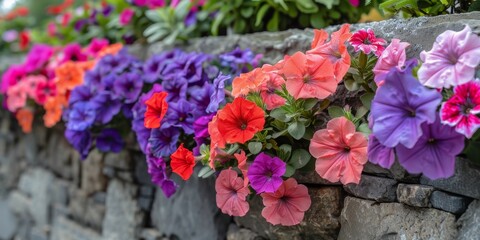 Colorful Petunia Flowers Blooming on a Stone Wall