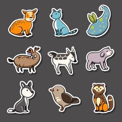 Obraz premium Cute cartoon woodland animals in sticker style on a grey background, ideal for children's designs, educational materials, and playful decor