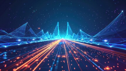 A polygonal bridge design is depicted with the effect of night lights illuminating the road against a blue background.