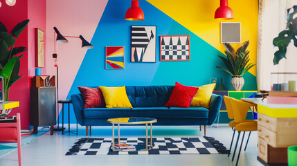 Modern Living Room with Colorful Walls and Geometric Art