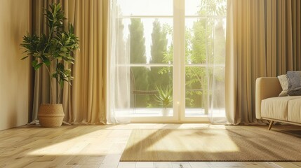 Windows with stylish curtains in living room interior