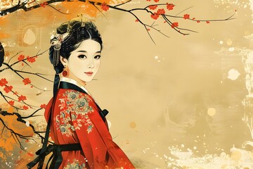 A beautiful Korean woman in traditional dress stands in a field of flowers.