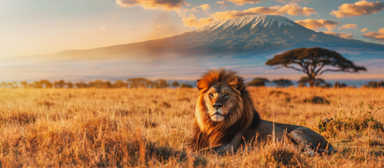 Majestic lion resting in African savanna at sunrise