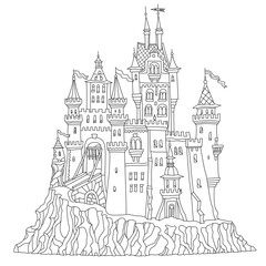 Obraz premium Fairy tale castle fortress. Hand drawn black and white architectural sketch for coloring book page
