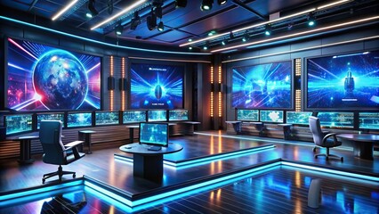Futuristic film studio with holographic screens and advanced video editing tools