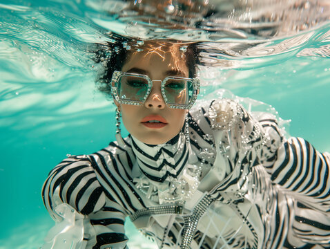 Underwater fashion shoot featuring a model in a striking striped outfit and embellished sunglasses. High fashion photography with a surreal aquatic twist. - Powered by Adobe