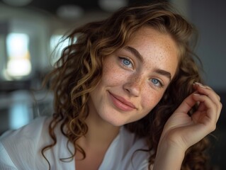 Obraz premium Smiling Woman with Freckles and Curly Hair. Generative AI.