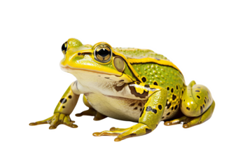 A vibrant green frog with black spots sits on a black background. Its large eyes are focused on the viewer.  The frog's skin is smooth and glossy.