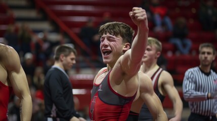 Wrestler Celebrates Victory with Teammates and Coaches in a Thrilling Match