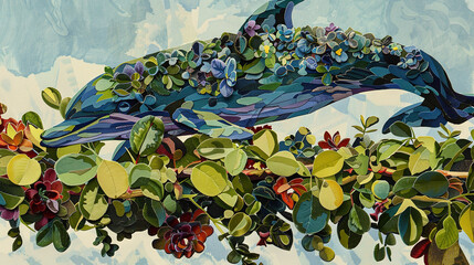   A dolphin perched on a tree branch, surrounded by green foliage and vibrant blossoms, against a serene blue backdrop
