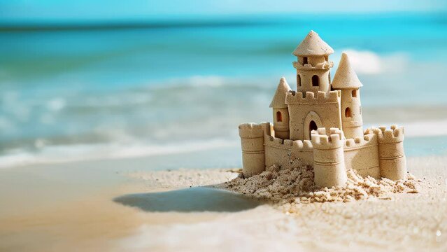 sandcastle on sunny beach with turquoise water in the background, empty space for text, holidays and travel, tourism, family children beach activities.