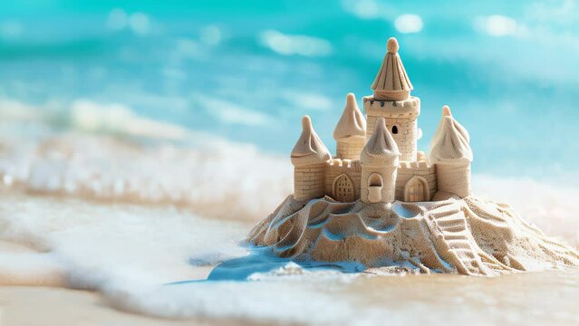 sandcastle on sunny beach with turquoise water in the background, empty space for text, holidays and travel, tourism, family children beach activities.