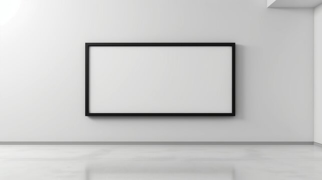 Minimalistic room with a large blank white frame on a gray wall, modern interior design, empty space for artwork or advertisement