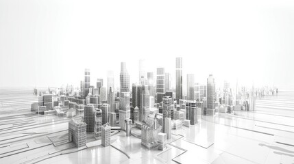 A wireframe cityscape showcases low-polygon cities and buildings in the business district, featuring tall structures, rivers, and roads in a 3D rendering.