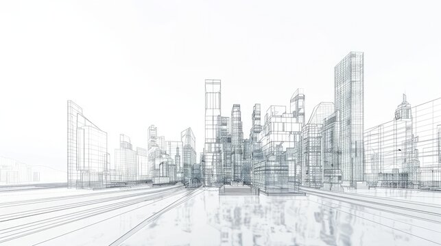 A wireframe cityscape showcases low-polygon cities and buildings in the business district, featuring tall structures, rivers, and roads in a 3D rendering.