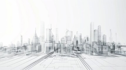 A wireframe cityscape showcases low-polygon cities and buildings in the business district, featuring tall structures, rivers, and roads in a 3D rendering.