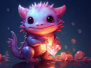 Cute fantastical creature holding a glowing heart with vibrant colors and magical atmosphere, perfect for fantasy and whimsical themes.