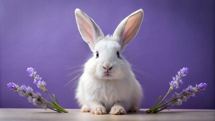 White Easter Bunny with long ears on lavender background