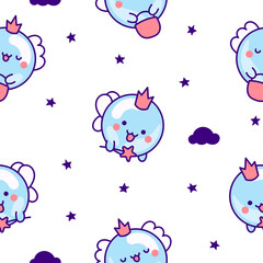 Cute kawaii soap bubble character. Seamless pattern. Circle shape child bath mascot with face. Hand drawn style. Vector drawing. Design ornaments.