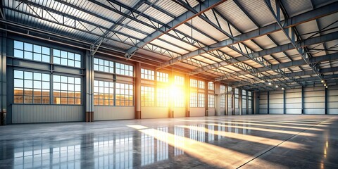 Empty warehouse with sunlight streaming in through windows