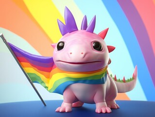 Fototapeta premium Adorable pink axolotl with a rainbow flag and background, celebrating diversity and pride, vibrant and colorful