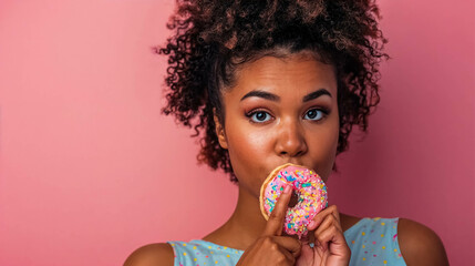 Naklejka premium Portrait Of A Black Woman With A Delicious Colored Donuts And Have A Provocative Expression