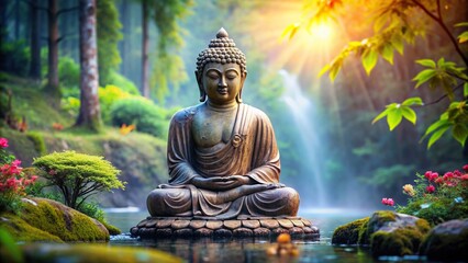 Serene statue of meditating Buddha in tranquil setting
