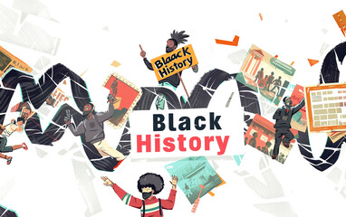 Cartoon meme logo featuring protest scenes and "Black History" signs, intertwined with historical collages, white fragmented background.