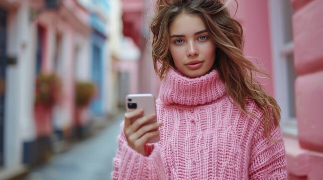 Young Woman Using Smartphone In Pink Alley