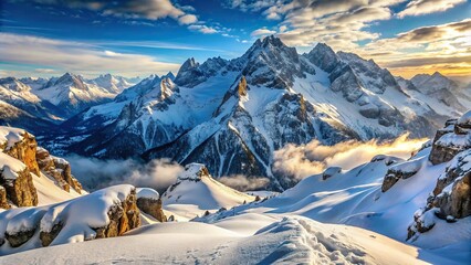 Snow-covered mountain landscape with a pristine blanket of snow, perfect for winter alpinism and nature lovers