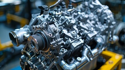 Fototapeta premium An internal combustion engine's close-up image highlights a car engine part.