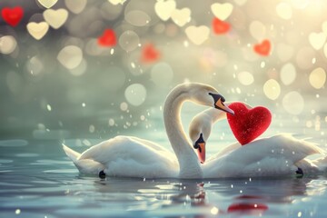 Couple of white swans and red hearts for valentine's day concept.