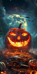 Naklejka premium A spooky pumpkin glowing in the moonlight on Halloween night.