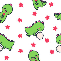 Cute smiling kawaii dinosaur. Seamless pattern. Cartoon funny dino characters. Hand drawn style. Vector drawing. Design ornaments.