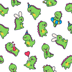 Cute smiling kawaii dinosaur. Seamless pattern. Cartoon funny dino characters. Hand drawn style. Vector drawing. Design ornaments.