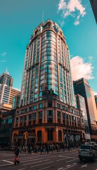 Fototapeta premium Symmetrical high-rise glass building with numerous windows enhancing the city skyline
