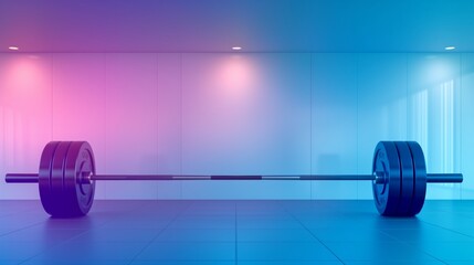 Modern gym interior with heavy barbell on a mat, illuminated by colorful LED lights, reflecting a vibrant and energetic workout environment.