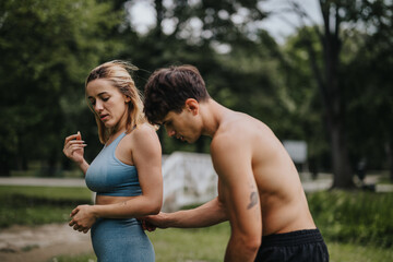 Young couple exercising in a park, man assisting woman with fitness routine. The image captures the concept of teamwork, fitness, and outdoor activity.