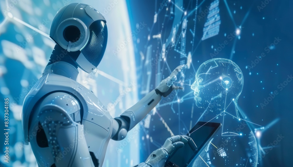 Poster technical industrial engineer controlling robotics and monitoring network with tablet