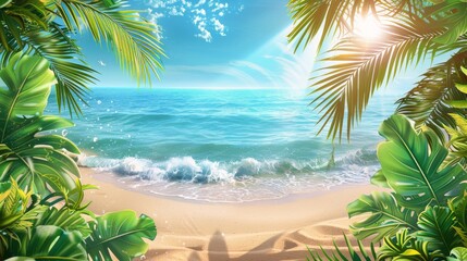 Naklejka premium Sunny Day Tropical Beach With Lush Palm Trees and Crystal Clear Water
