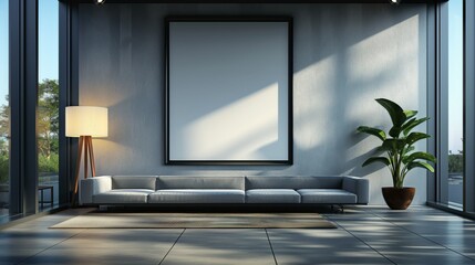 Fototapeta premium Modern minimalist living room with large wall art, sofa, floor lamp, and indoor plant. Natural light filtering through large windows.