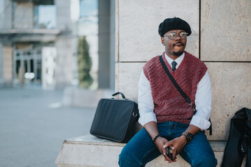 Confident business worker in fashionable attire resting on a bench outside, engrossed in his phone.