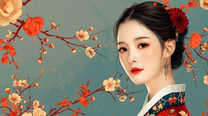 Fototapeta premium A beautiful illustration of a young woman in a traditional Korean dress, with flowers in her hair and a serene expression on her face.