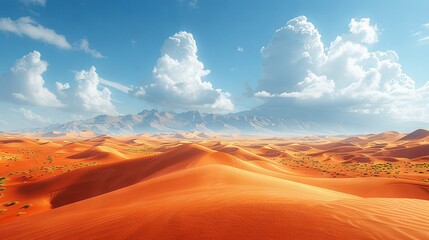 Naklejka premium A landscape of sand dunes and mountains under a blue sky with white wispy clouds