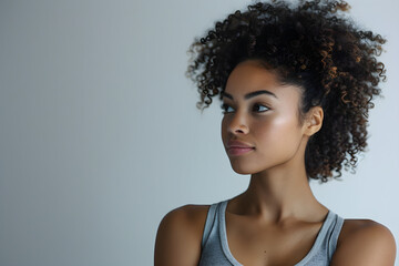 An empowering portrait of a confident black woman, with an afro hairstyle, in a fitness studio against a white background.