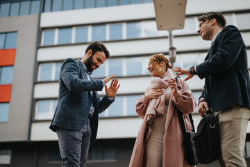 Three professionals engage in a lively discussion, possibly a casual outdoor business meeting,...