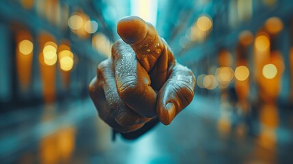 Close-up of a finger pointing directly at the camera with a blurred city background, symbolizing direct action, choice, and personal responsibility