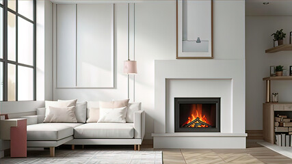 Fototapeta premium cozy place in home interior, soft sofa in front of burning fireplace, wall and photo frame, modern minimalist interior