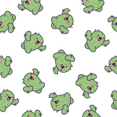Funny cactus. Seamless pattern. Cute smiling cartoon characters. Hand drawn style. Vector drawing. Design ornaments.