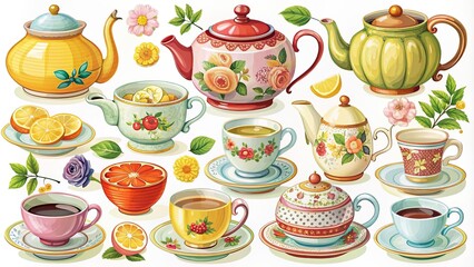 Tea time clipart  of various teapots and beverage service items